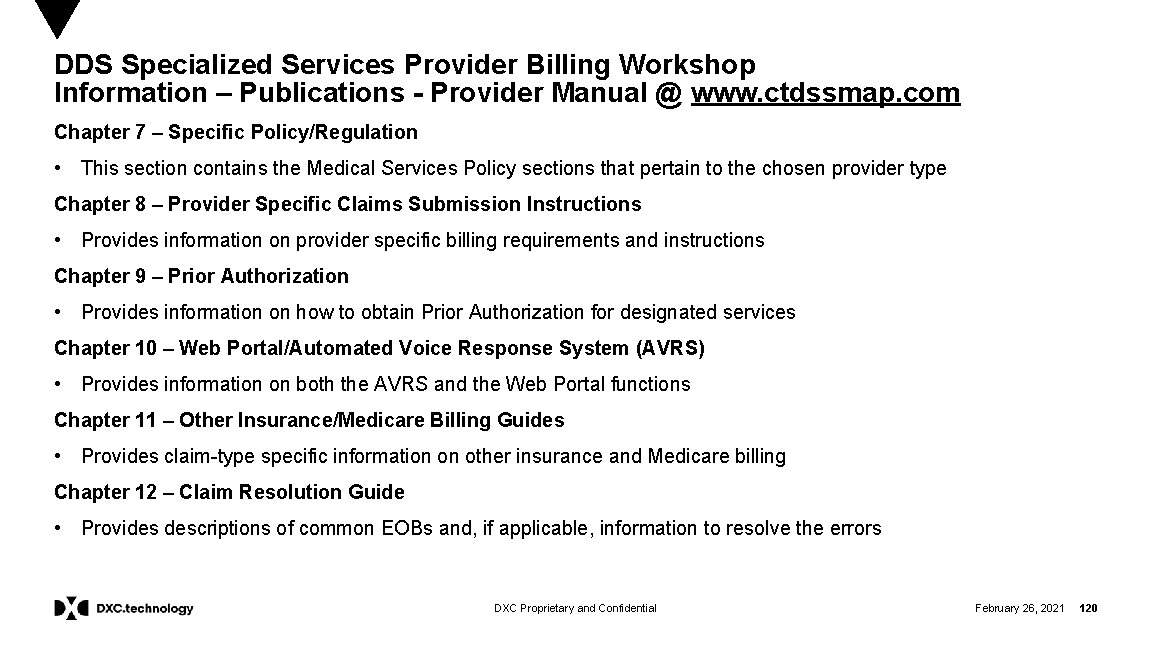 DDS Specialized Services Provider Billing Workshop Information – Publications - Provider Manual @ www.