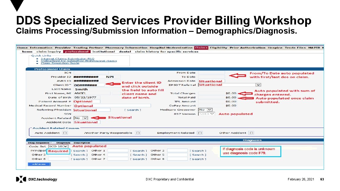 DDS Specialized Services Provider Billing Workshop Claims Processing/Submission Information – Demographics/Diagnosis. DXC Proprietary and