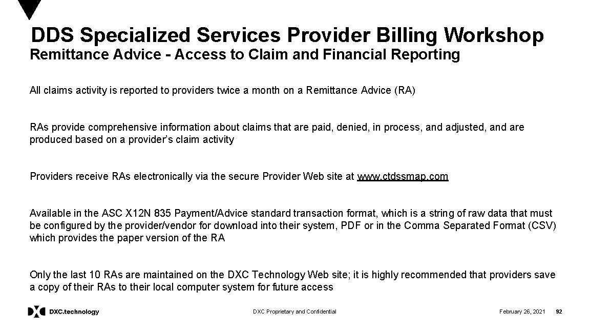 DDS Specialized Services Provider Billing Workshop Remittance Advice - Access to Claim and Financial