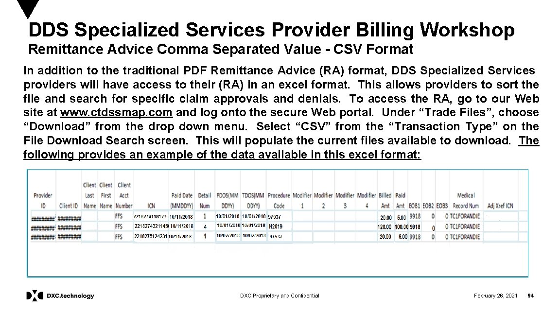 DDS Specialized Services Provider Billing Workshop Remittance Advice Comma Separated Value - CSV Format