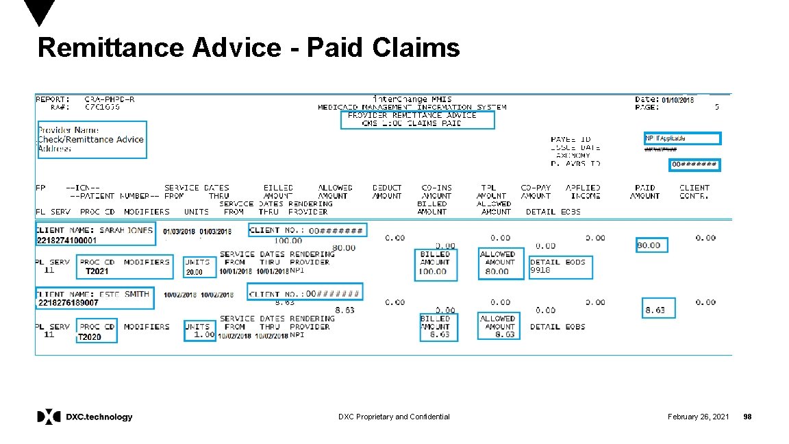 Remittance Advice - Paid Claims DXC Proprietary and Confidential February 26, 2021 98 