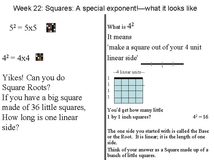 Week 22: Squares: A special exponent!—what it looks like 52 = 5 x 5