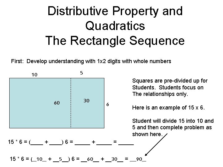 Distributive Property and Quadratics The Rectangle Sequence First: Develop understanding with 1 x 2