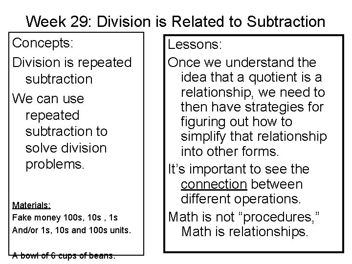Week 29: Division is Related to Subtraction Concepts: Division is repeated subtraction We can
