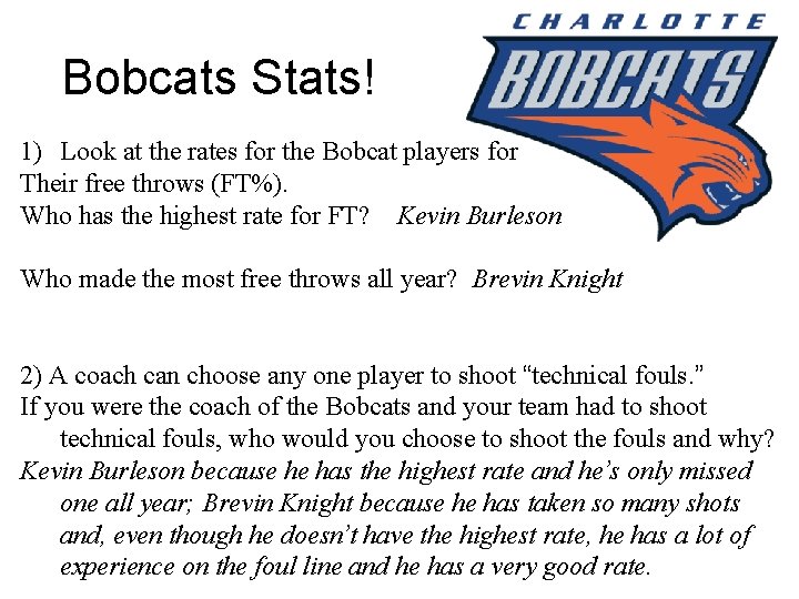 Bobcats Stats! 1) Look at the rates for the Bobcat players for Their free