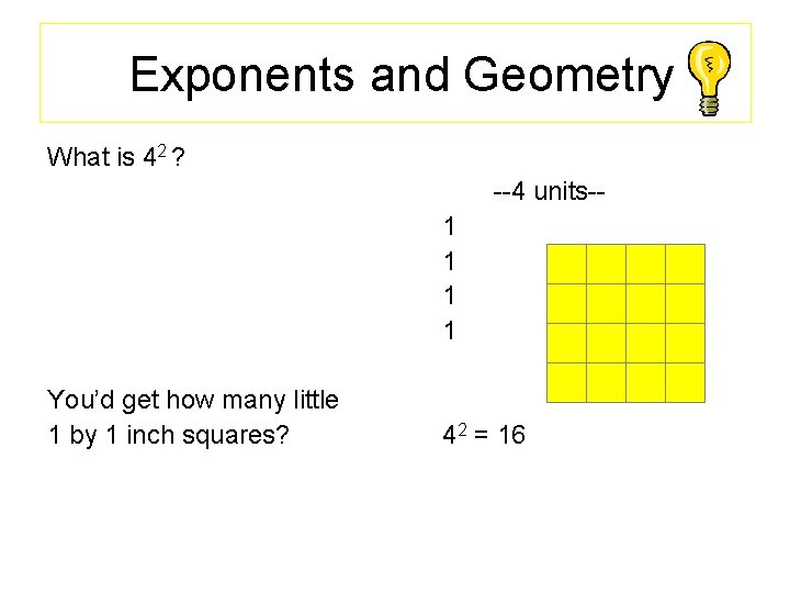  Exponents and Geometry What is 42 ? --4 units-1 1 You’d get how