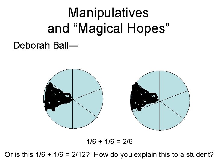 Manipulatives and “Magical Hopes” Deborah Ball— 1/6 + 1/6 = 2/6 Or is this