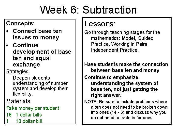 Week 6: Subtraction Concepts: • Connect base ten issues to money • Continue development