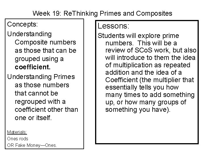 Week 19: Re. Thinking Primes and Composites Concepts: Understanding Composite numbers as those that