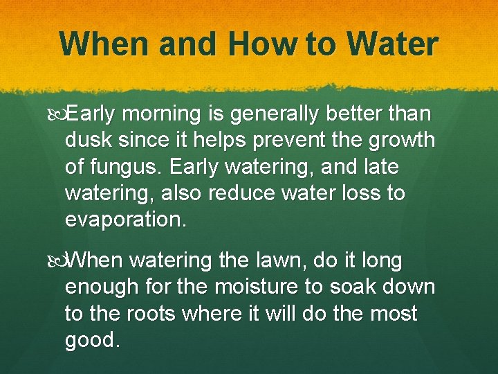 When and How to Water Early morning is generally better than dusk since it