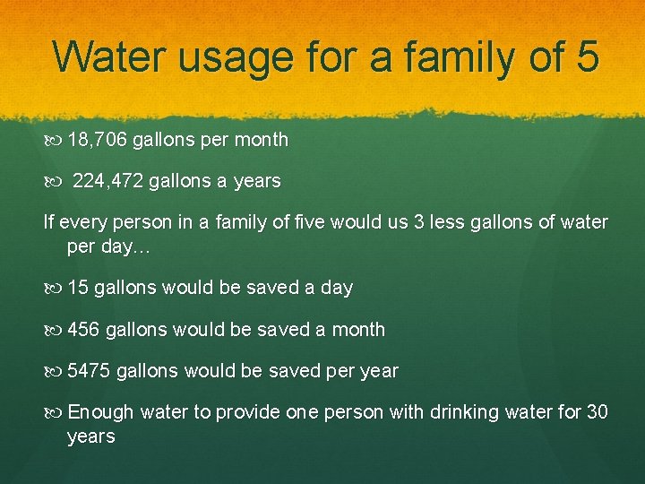 Water usage for a family of 5 18, 706 gallons per month 224, 472