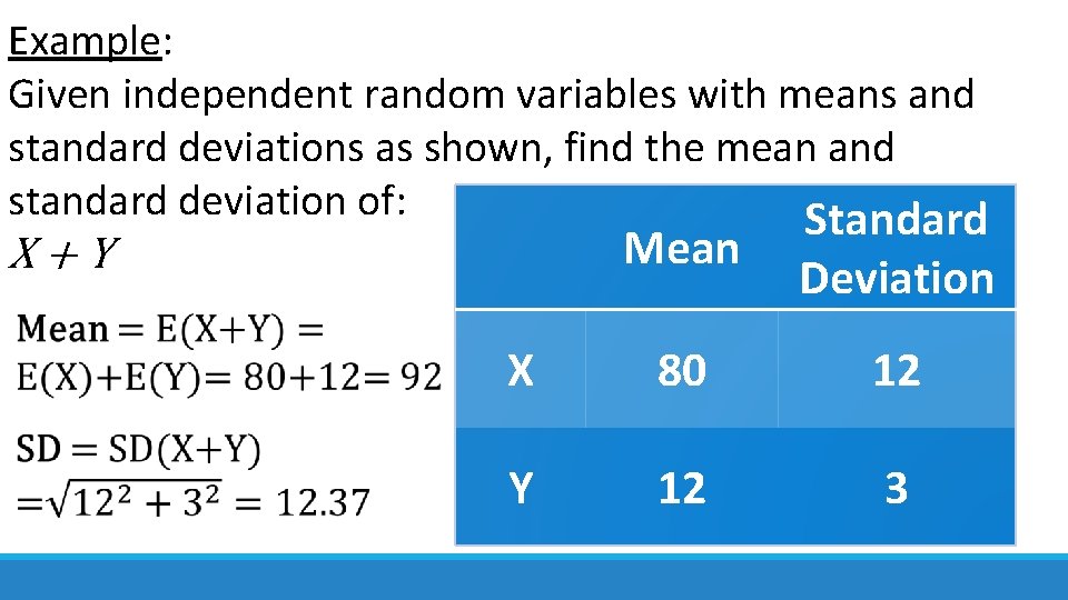 Example: Given independent random variables with means and standard deviations as shown, find the