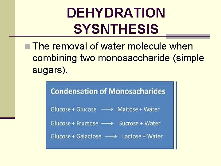 DEHYDRATION SYSNTHESIS n The removal of water molecule when combining two monosaccharide (simple sugars).