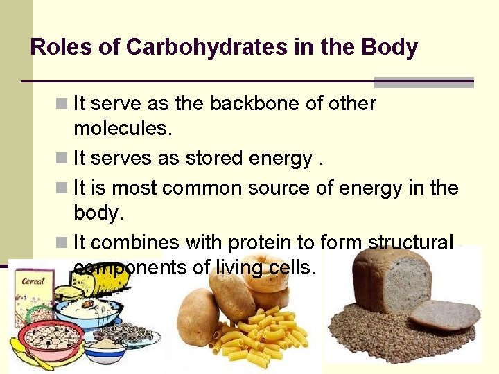 Roles of Carbohydrates in the Body n It serve as the backbone of other