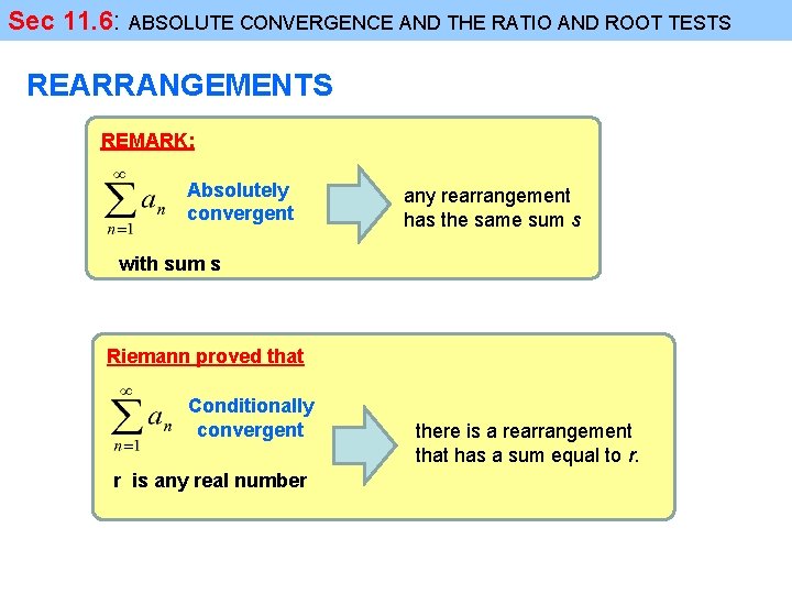 Sec 11. 6: ABSOLUTE CONVERGENCE AND THE RATIO AND ROOT TESTS REARRANGEMENTS REMARK: Absolutely