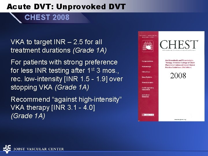 Acute DVT: Unprovoked DVT CHEST 2008 VKA to target INR – 2. 5 for