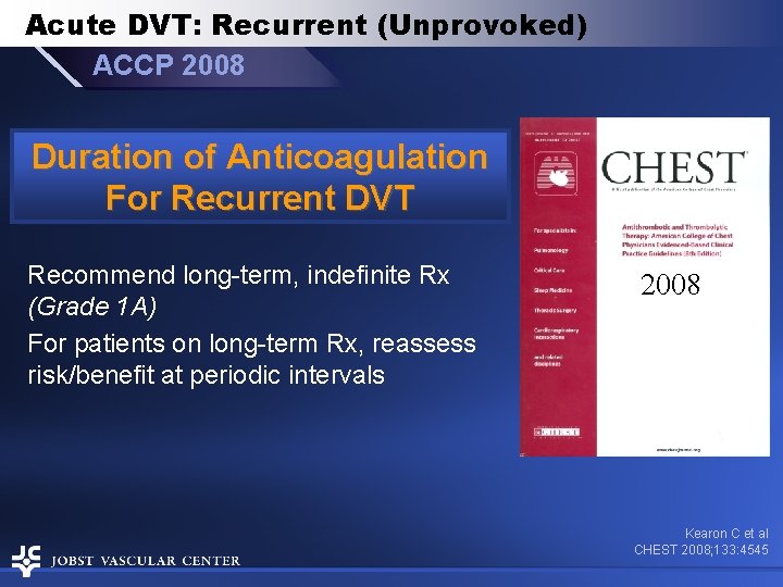 Acute DVT: Recurrent (Unprovoked) ACCP 2008 Duration of Anticoagulation For Recurrent DVT Recommend long-term,