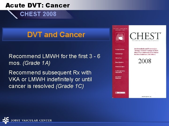 Acute DVT: Cancer CHEST 2008 DVT and Cancer Recommend LMWH for the first 3