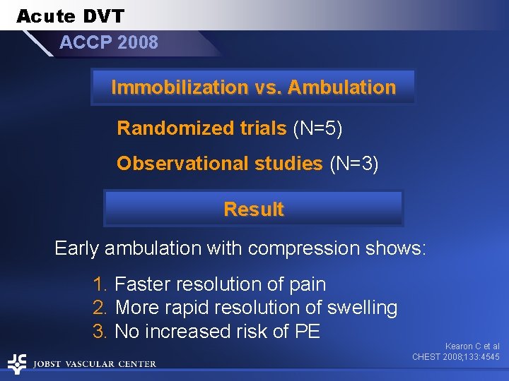 Acute DVT ACCP 2008 Immobilization vs. Ambulation Randomized trials (N=5) Observational studies (N=3) Result