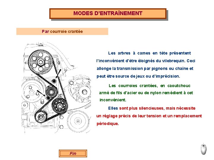 MODES D’ENTRAÎNEMENT Par courroie crantée Les arbres à cames en tête présentent l’inconvénient d’être