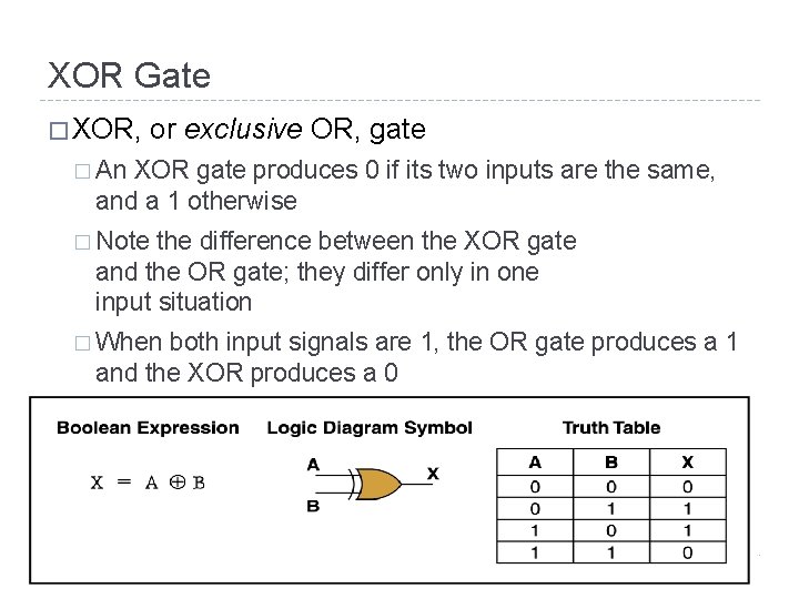 XOR Gate � XOR, or exclusive OR, gate � An XOR gate produces 0