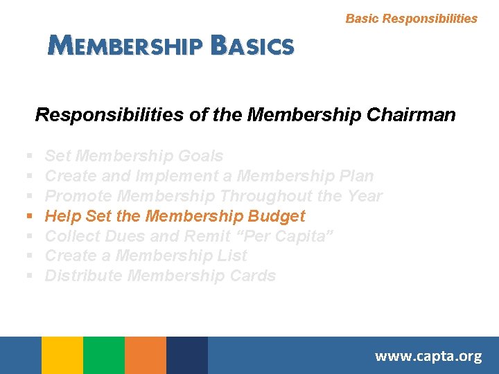 Basic Responsibilities MEMBERSHIP BASICS Responsibilities of the Membership Chairman § § § § Set