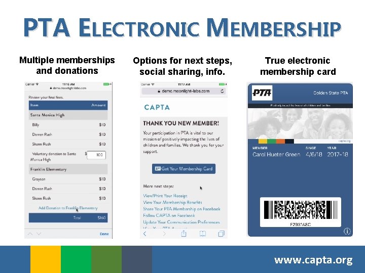 PTA ELECTRONIC MEMBERSHIP Multiple memberships and donations Options for next steps, social sharing, info.