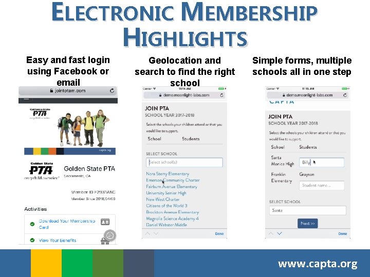 ELECTRONIC MEMBERSHIP HIGHLIGHTS Easy and fast login using Facebook or email Geolocation and search