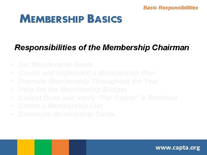 Basic Responsibilities MEMBERSHIP BASICS Responsibilities of the Membership Chairman § § § § Set