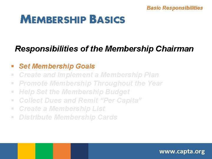Basic Responsibilities MEMBERSHIP BASICS Responsibilities of the Membership Chairman § § § § Set