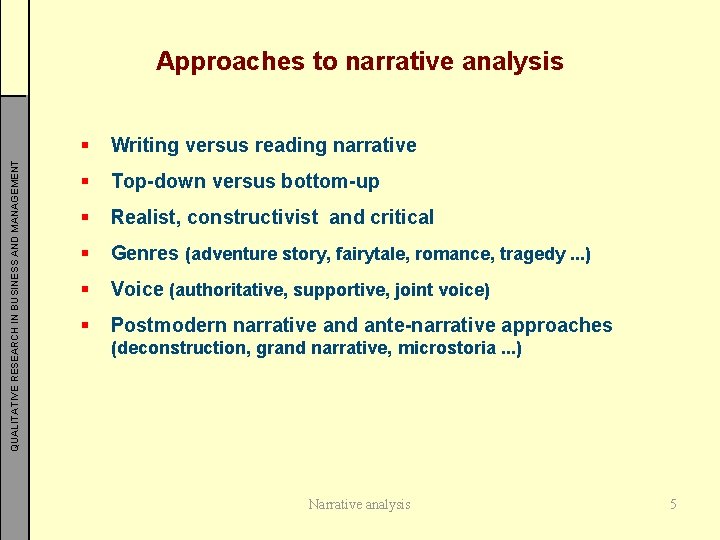 QUALITATIVE RESEARCH IN BUSINESS AND MANAGEMENT Approaches to narrative analysis § Writing versus reading