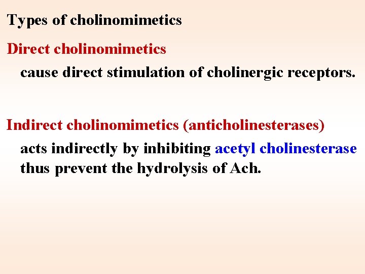 Types of cholinomimetics Direct cholinomimetics cause direct stimulation of cholinergic receptors. Indirect cholinomimetics (anticholinesterases)