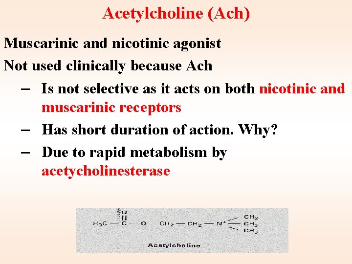 Acetylcholine (Ach) Muscarinic and nicotinic agonist Not used clinically because Ach – Is not