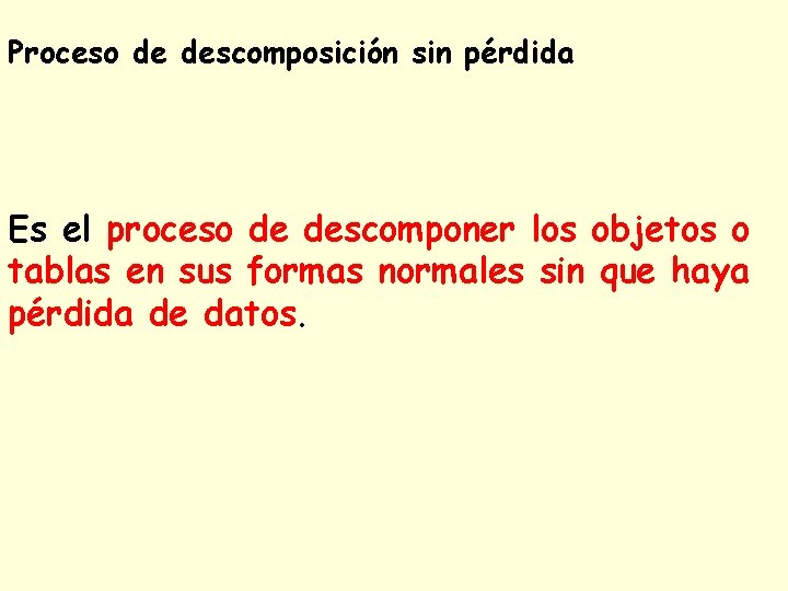 Proceso de descomposición sin pérdida Es el proceso de descomponer los objetos o tablas