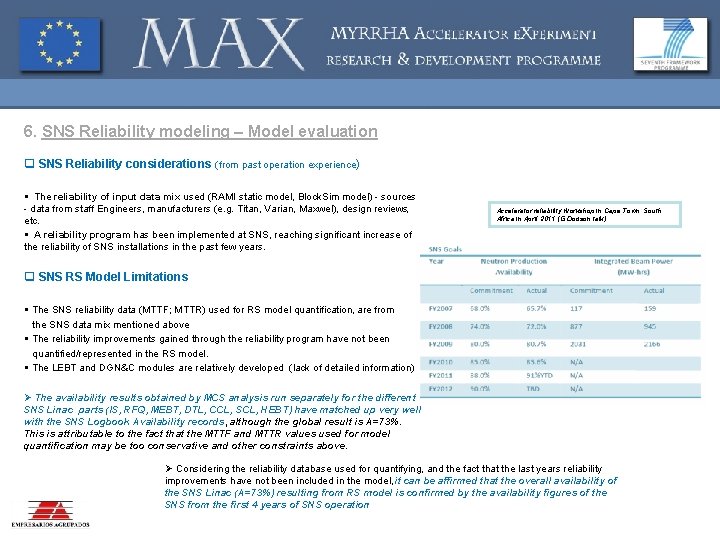 6. SNS Reliability modeling – Model evaluation q SNS Reliability considerations (from past operation