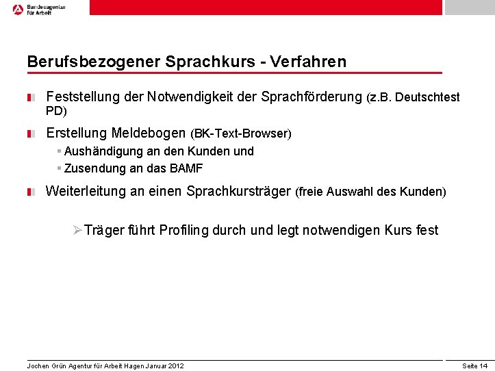 Berufsbezogener Sprachkurs - Verfahren Feststellung der Notwendigkeit der Sprachförderung (z. B. Deutschtest PD) Erstellung