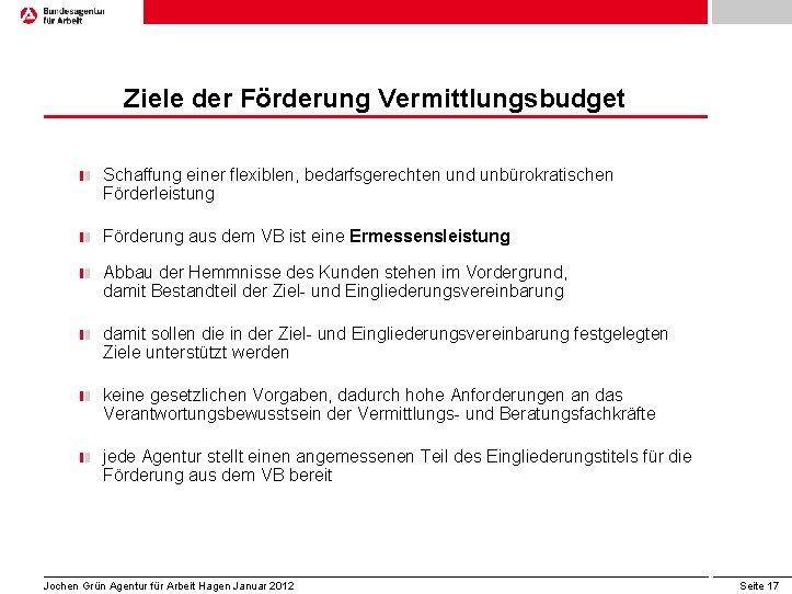 Ziele der Förderung Vermittlungsbudget Schaffung einer flexiblen, bedarfsgerechten und unbürokratischen Förderleistung Förderung aus dem