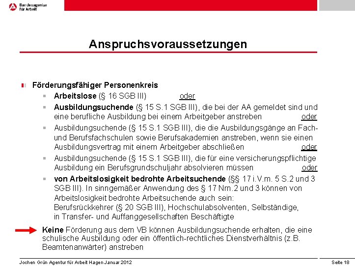 Anspruchsvoraussetzungen Förderungsfähiger Personenkreis § Arbeitslose (§ 16 SGB III) oder § Ausbildungsuchende (§ 15