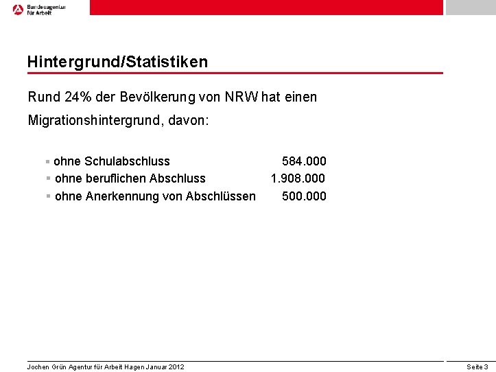 Hintergrund/Statistiken Rund 24% der Bevölkerung von NRW hat einen Migrationshintergrund, davon: § ohne Schulabschluss