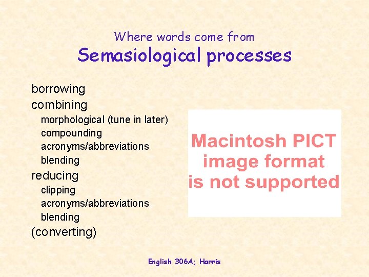 Where words come from Semasiological processes borrowing combining morphological (tune in later) compounding acronyms/abbreviations