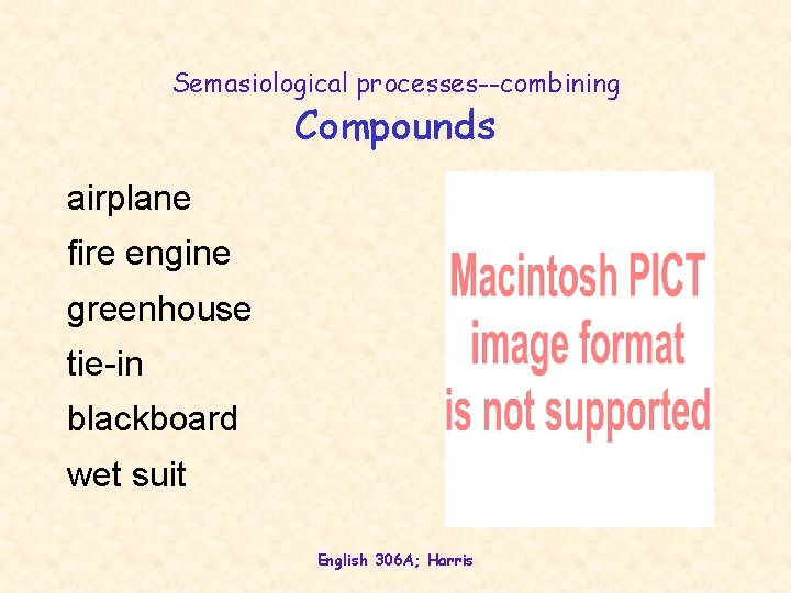 Semasiological processes--combining Compounds airplane fire engine greenhouse tie-in blackboard wet suit English 306 A;