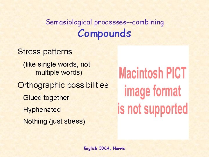 Semasiological processes--combining Compounds Stress patterns (like single words, not multiple words) Orthographic possibilities Glued
