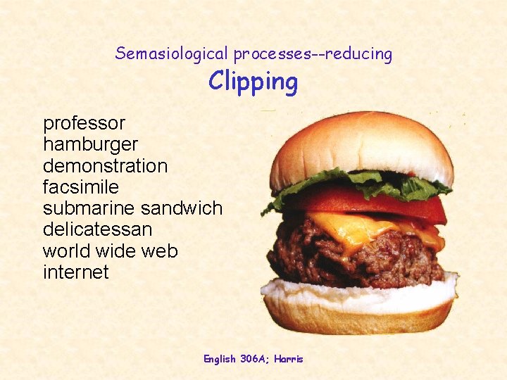 Semasiological processes--reducing Clipping professor hamburger demonstration facsimile submarine sandwich delicatessan world wide web internet
