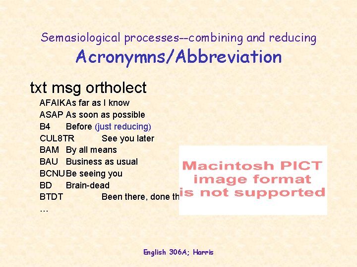 Semasiological processes--combining and reducing Acronymns/Abbreviation txt msg ortholect AFAIKAs far as I know ASAP