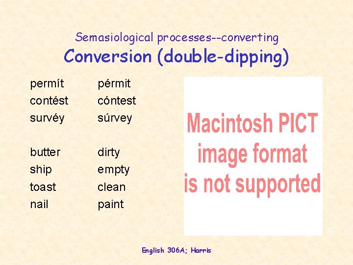 Semasiological processes--converting Conversion (double-dipping) permít contést survéy pérmit cóntest súrvey butter ship toast nail