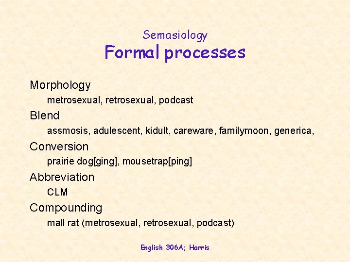 Semasiology Formal processes Morphology metrosexual, retrosexual, podcast Blend assmosis, adulescent, kidult, careware, familymoon, generica,