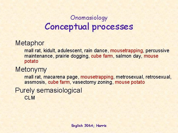 Onomasiology Conceptual processes Metaphor mall rat, kidult, adulescent, rain dance, mousetrapping, percussive maintenance, prairie