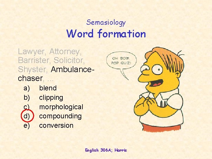 Semasiology Word formation Lawyer, Attorney, Barrister, Solicitor, Shyster, Ambulancechaser, . . . a) b)