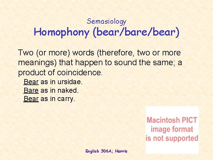 Semasiology Homophony (bear/bare/bear) Two (or more) words (therefore, two or more meanings) that happen