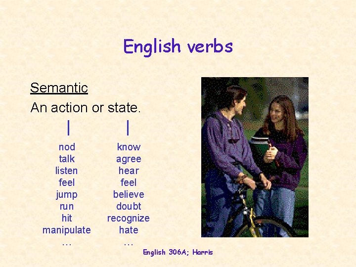 English verbs Semantic An action or state. nod talk listen feel jump run hit